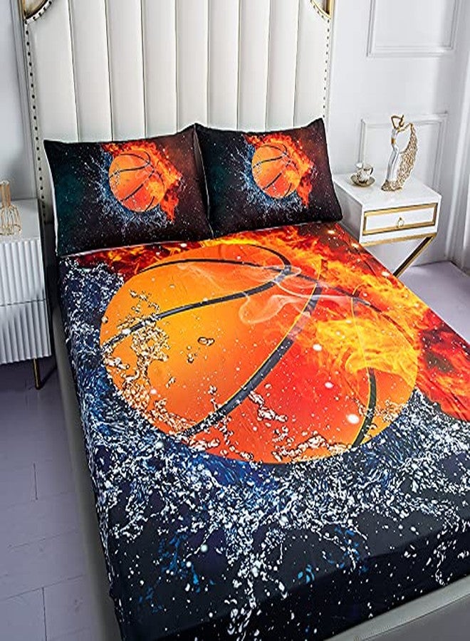 Roscloud Sports Basketball Sheets Sets Full Size - 3PC Ice Flame Galaxy Basketball Boys Fitted Sheet（Fitted Sheet*1 Pillowcases*2） - Image 2